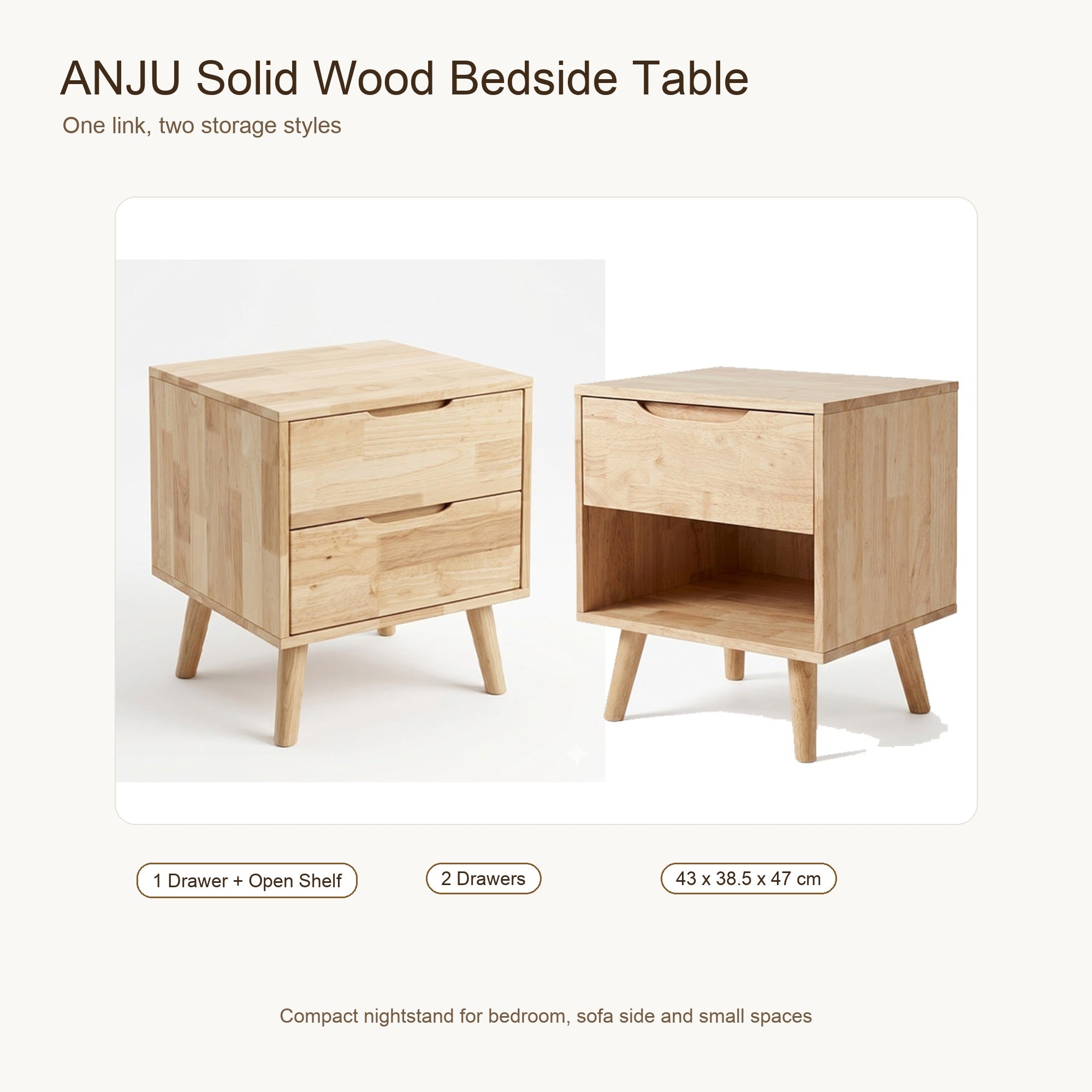ANJU Solid Wood Bedside Table with Drawer for Bedroom and Sofa Side