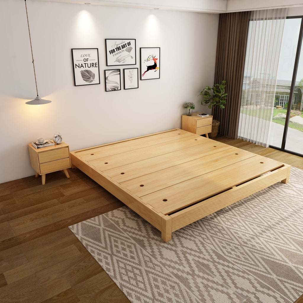 ANJU Oak Dovetail Joint Platform Bed, Low Japanese Bed Frame with Solid Oak Board, Super Single to King