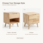 Two storage styles of the ANJU wood-tone bedside table side by side: 1 drawer + open shelf and 2 drawers