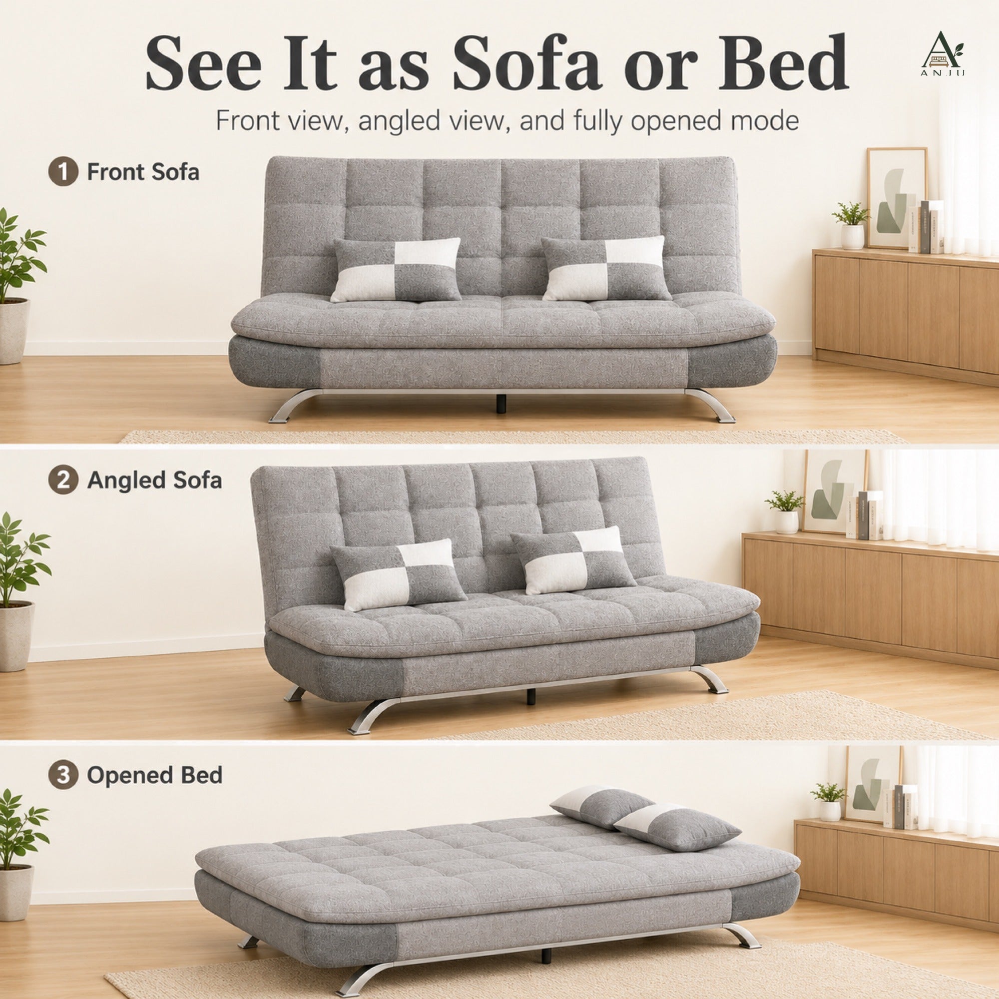 ANJU Convertible Sofa Bed with 2 Pillows for Small Singapore Homes