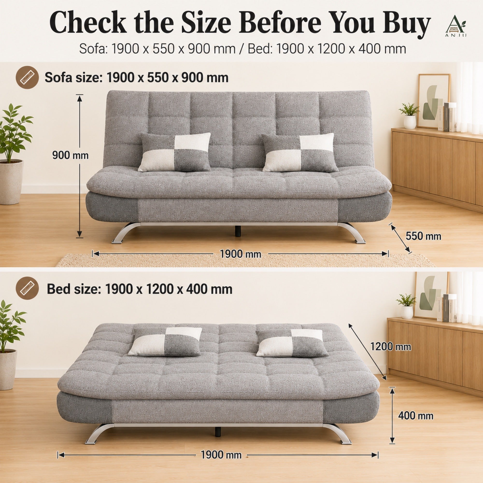 ANJU Convertible Sofa Bed with 2 Pillows for Small Singapore Homes