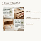 ANJU wood-tone bedside table with 1 drawer + open shelf, drawer pulled open, shown beside a bed in a bright bedroom