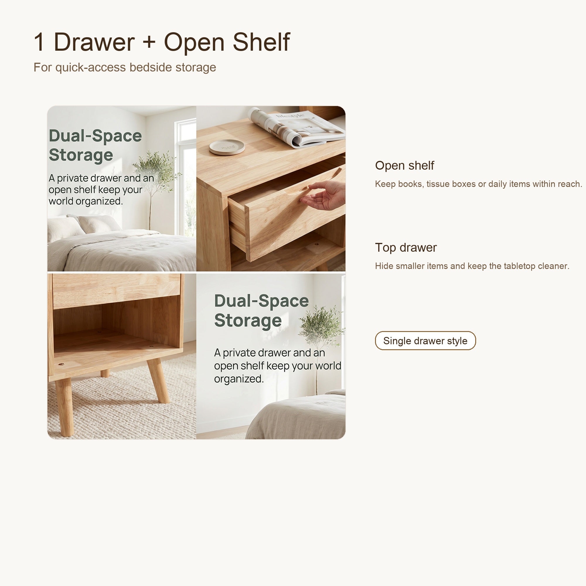 ANJU Solid Wood Bedside Table with Drawer for Bedroom and Sofa Side