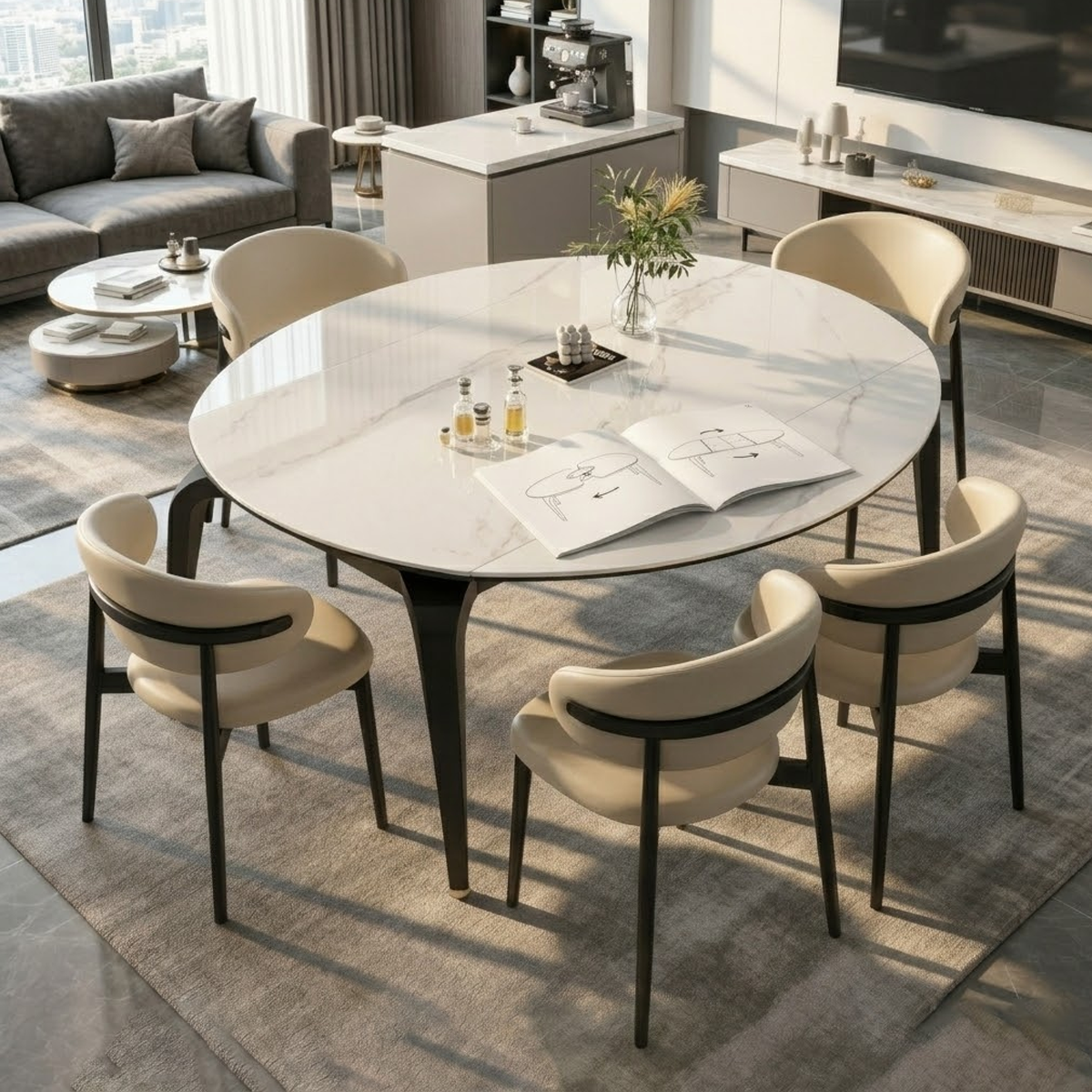 ANJU White Dining Table Set with 6 Chairs for Dining Room