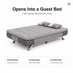 Grey ANJU convertible sofa bed opened flat as a guest bed, showing armless sides and low metal base with curved legs