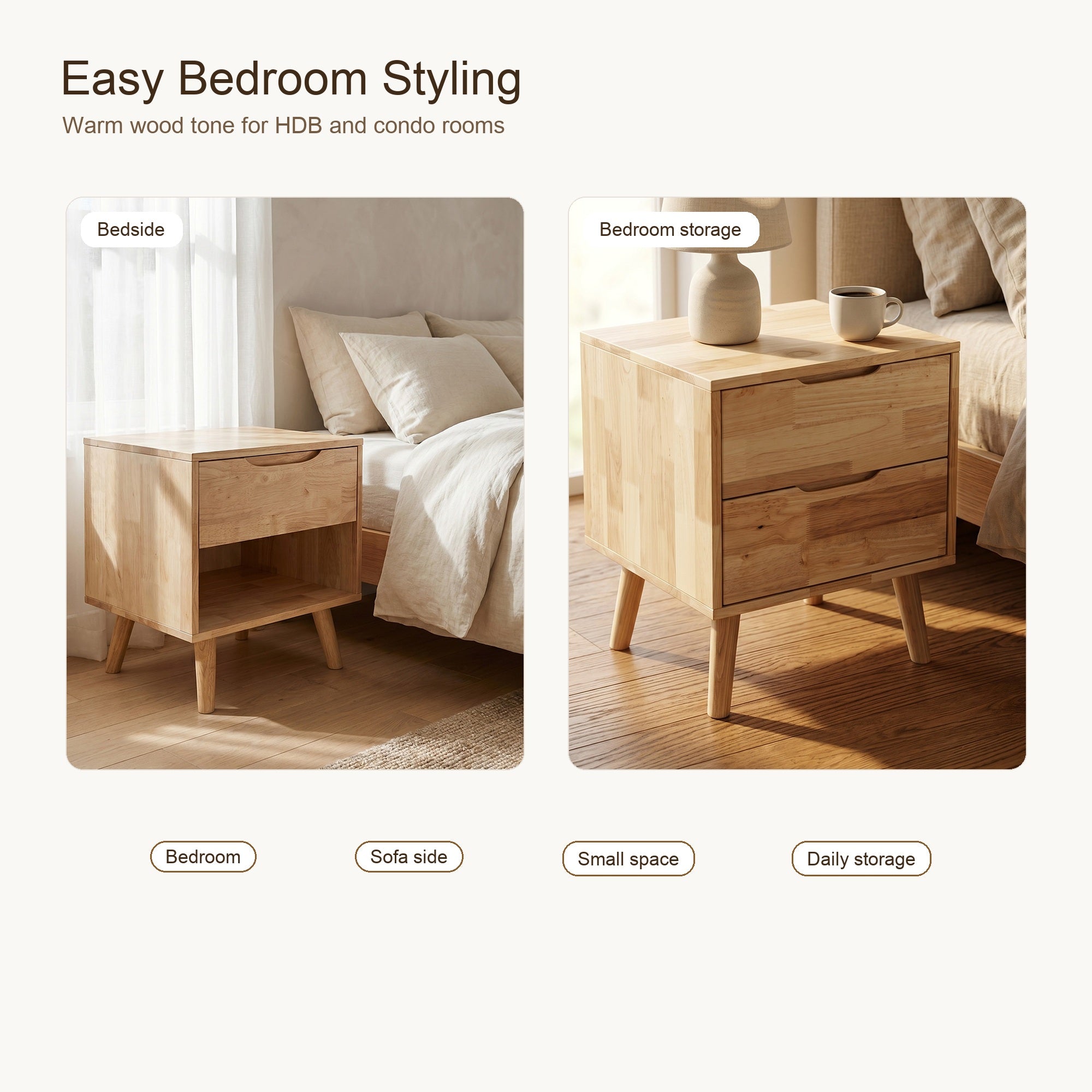 ANJU Solid Wood Bedside Table with Drawer for Bedroom and Sofa Side