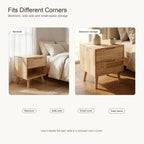 ANJU wood-tone bedside table in open-shelf and 2-drawer styles placed beside beds in sunlit bedroom corners