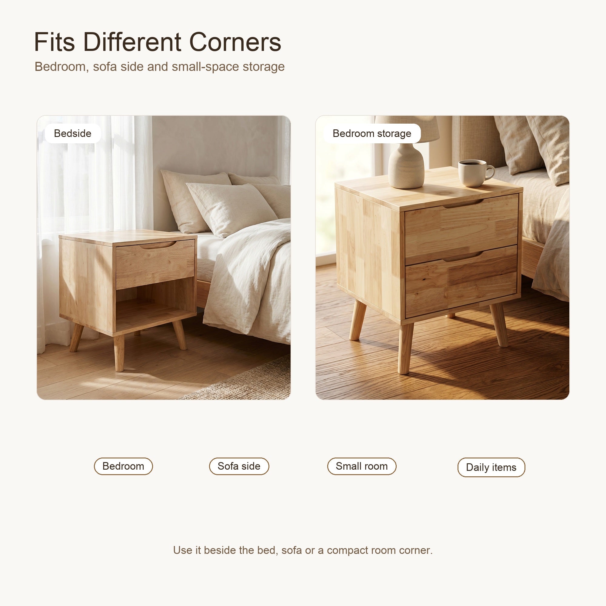ANJU Solid Wood Bedside Table with Drawer for Bedroom and Sofa Side