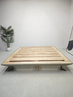 ANJU Bevelled Edge Floating Oak Platform Bed with Black Metal Feet, Queen or King