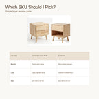 Buyer guide comparing ANJU wood-tone bedside table styles: 1 drawer + open shelf vs 2 drawers