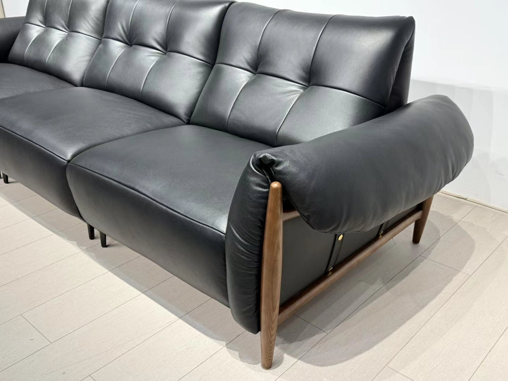 ANJU Button-Tufted Faux Leather Sofa with Exposed Wood Frame, 260–360 cm