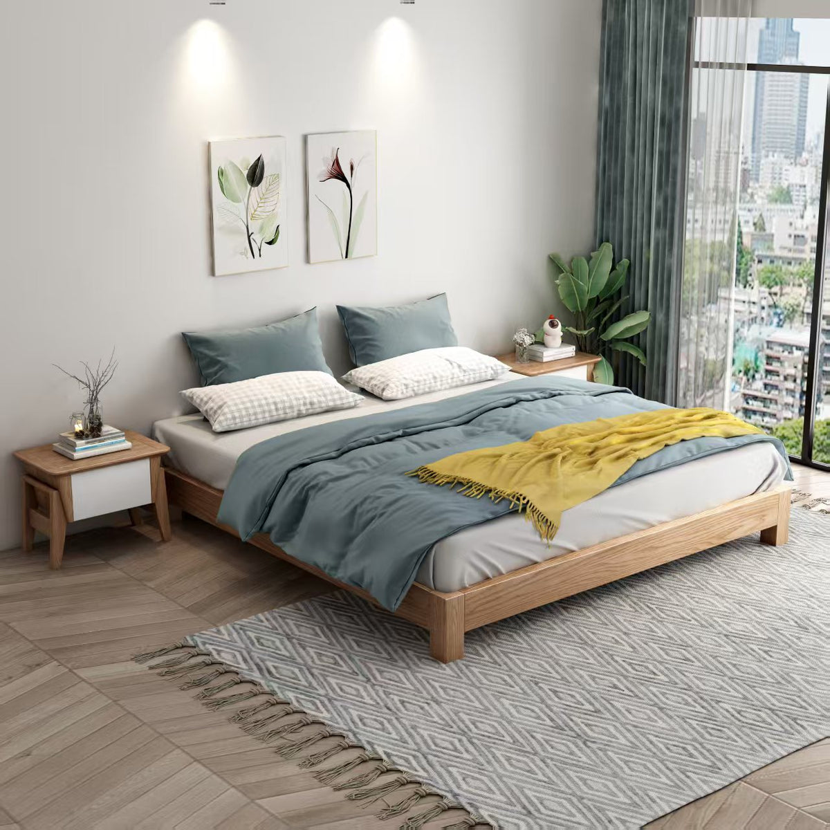 ANJU Ash Veneer Low Tatami Bed Frame with Square Wooden Legs, Headboardless, Super Single to King
