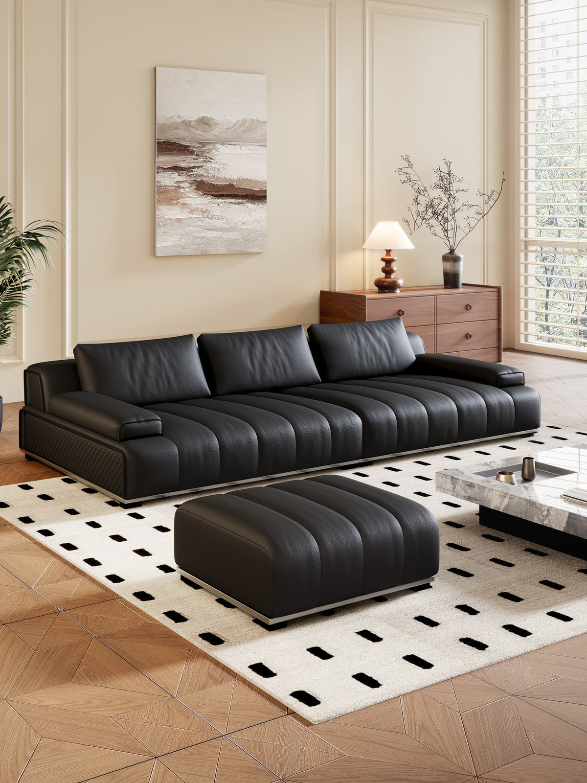 ANJU Vertical Channel-Stitched Sofa with Steel Base, Faux or Top-Grain Leather, 140–392 cm