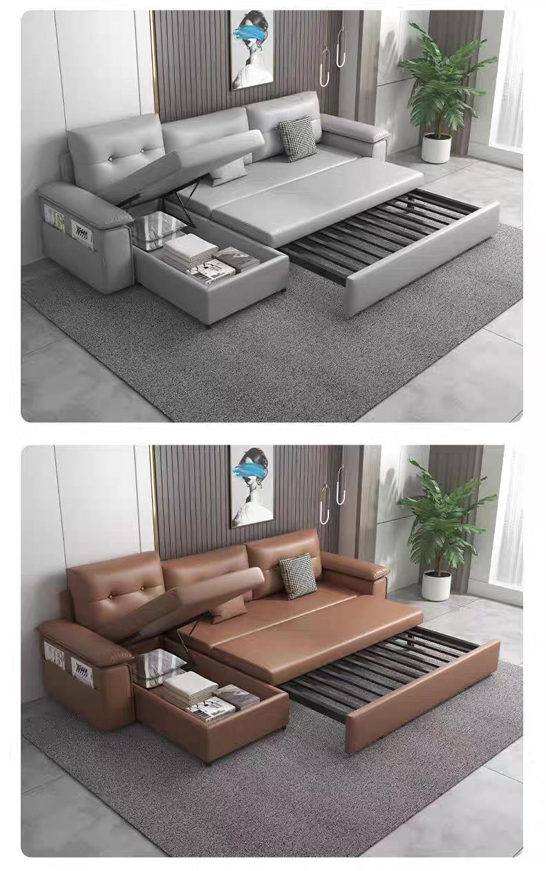 ANJU Pull Out Sofa Bed with Storage Arm Cabinet Option, Leather-Look Fabric or Faux Leather, 105–305 cm