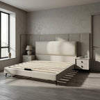 ANJU low profile bed frame with padded headboard and slatted base in a grey bedroom between two bedside tables