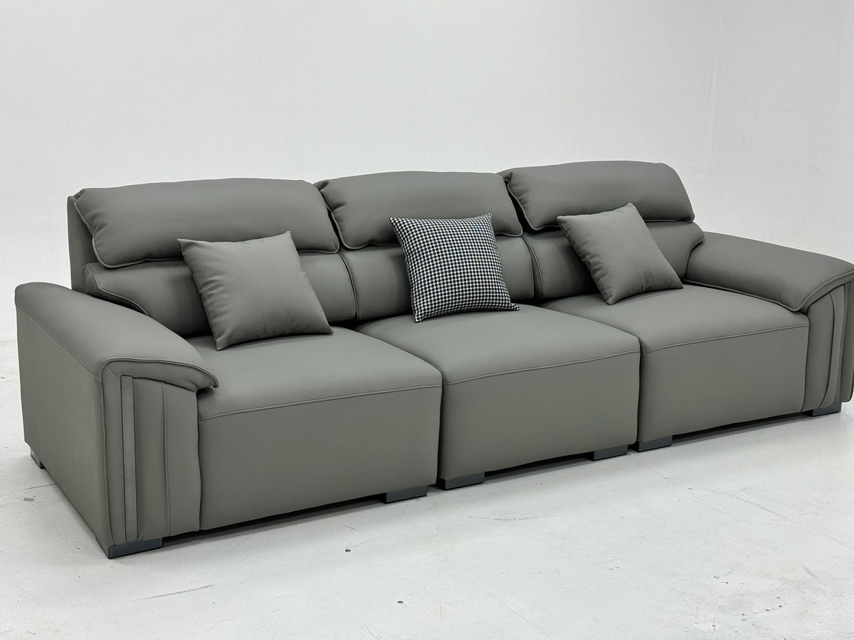 ANJU Headrest Sofa with Trimmed Wide Arms, Faux or Top-Grain Leather, 280–340 cm