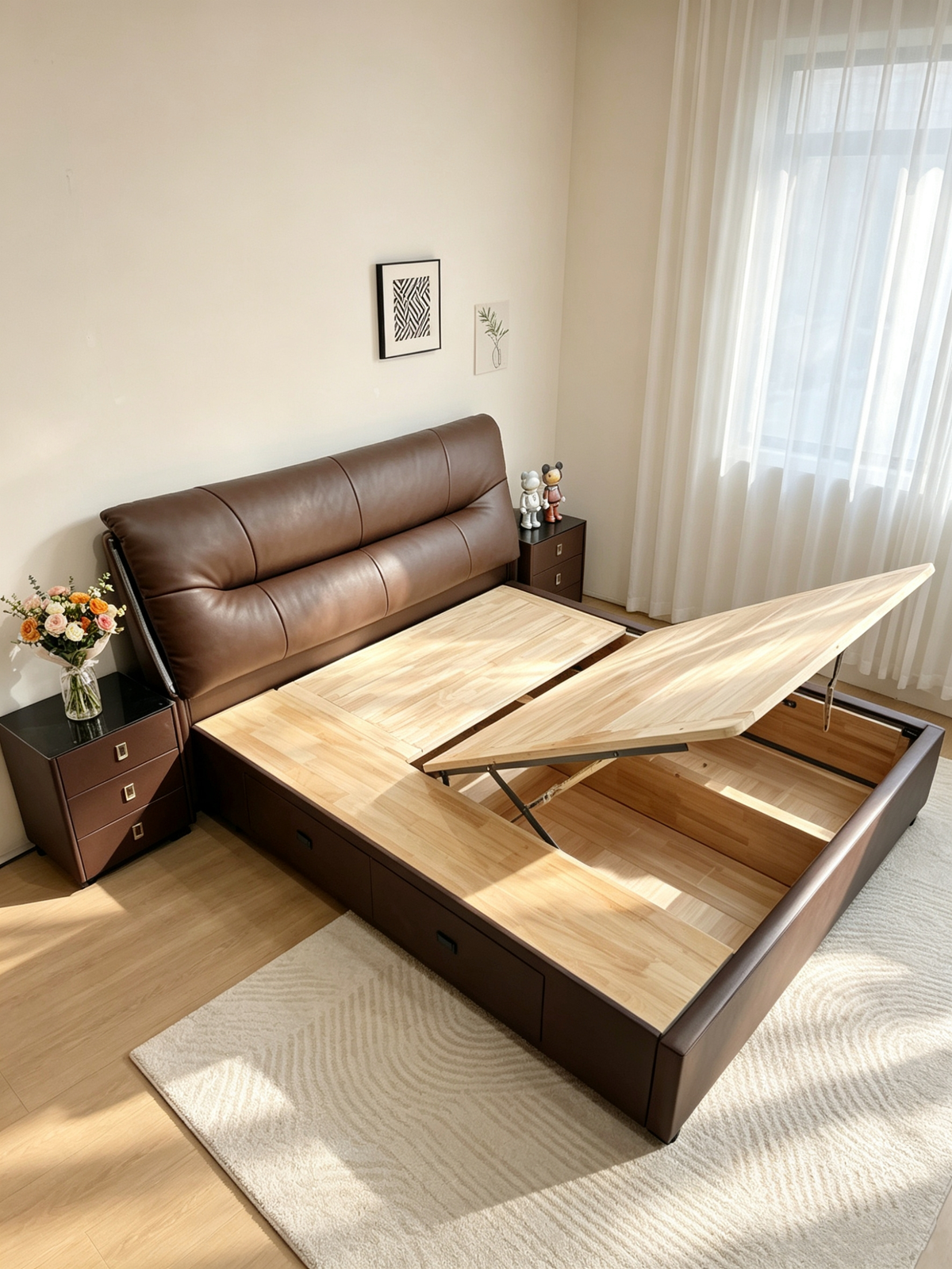 ANJU Wide Cushioned Headboard Storage Bed with Gas Lift Base and 2 Drawers, Queen or King