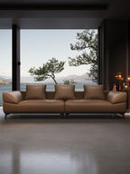 ANJU Curved-Arm Low Sofa with Slim Metal Legs, Faux or Top-Grain Leather, 280–370 cm