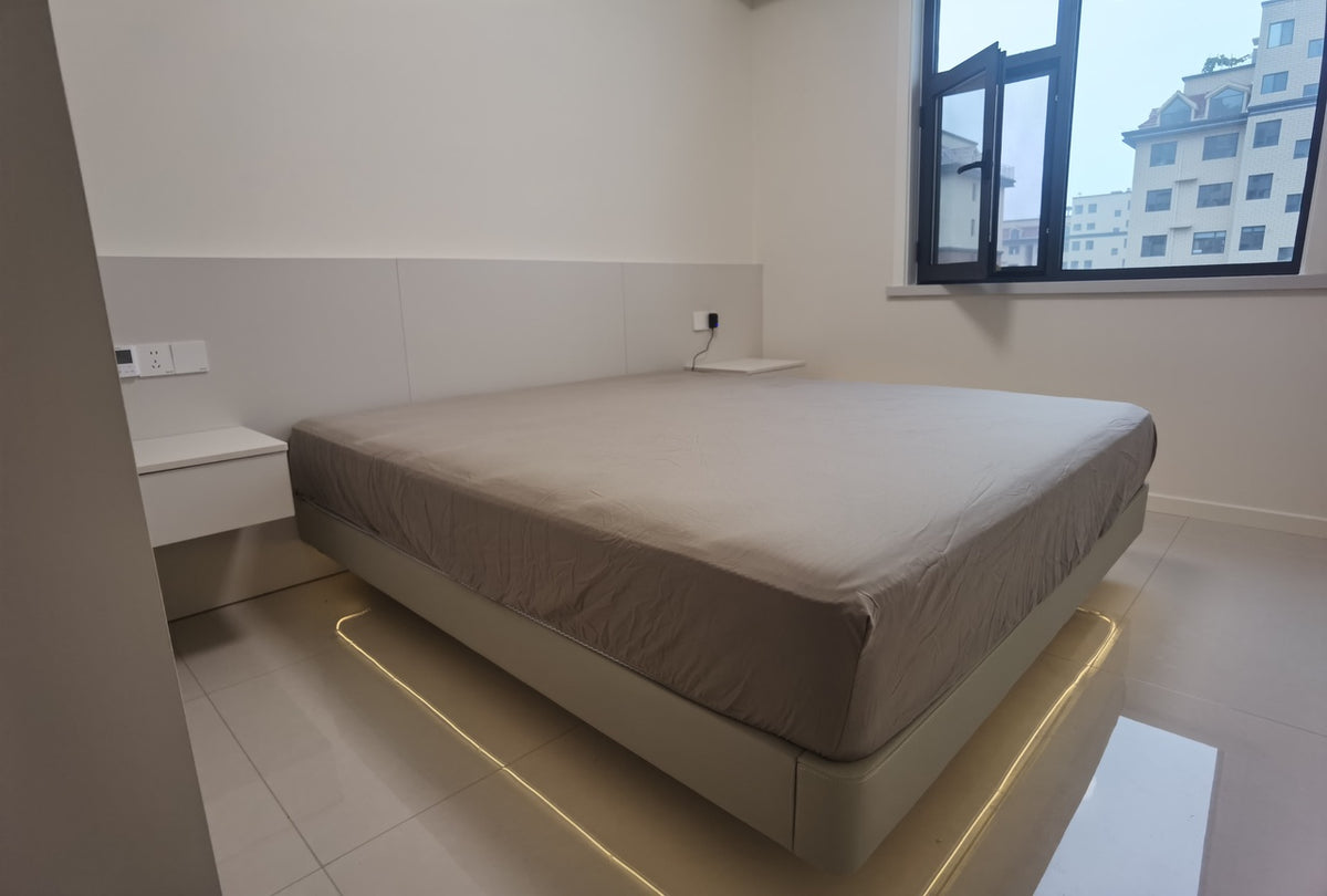 ANJU Upholstered Floating Platform Bed Frame with Optional LED Strip, Low Japanese Style, Queen or King