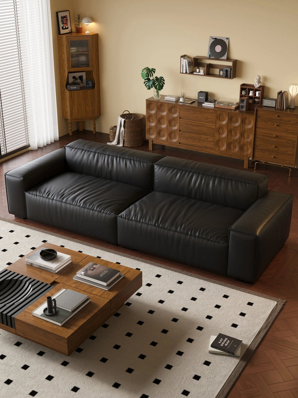 ANJU Wrinkled Faux Leather Block Sofa with Down-Blend Cushions, 120–400 cm