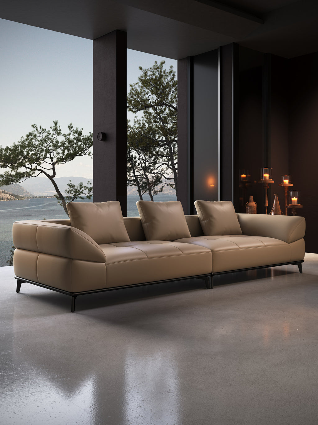 ANJU Curved-Arm Low Sofa with Slim Metal Legs, Faux or Top-Grain Leather, 280–370 cm