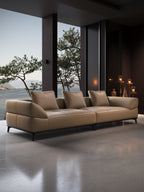 ANJU Curved-Arm Low Sofa with Slim Metal Legs, Faux or Top-Grain Leather, 280–370 cm