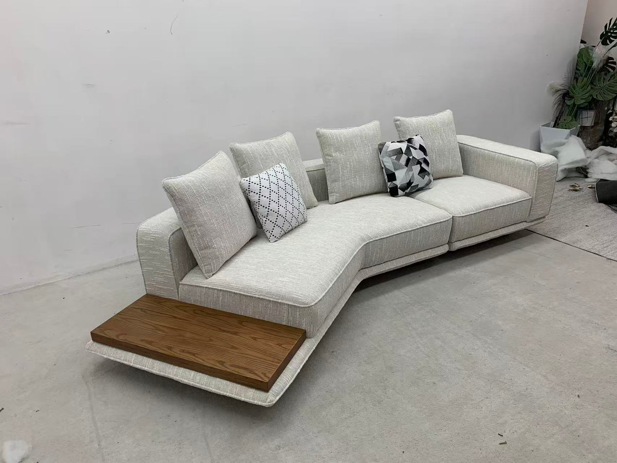 ANJU Curved Corner Faux Leather Sofa with Attached Side Table, 370 cm