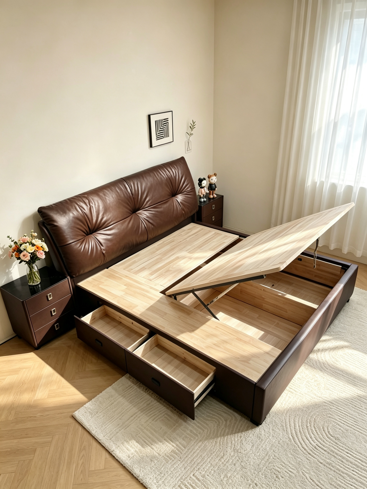 ANJU Pillow-Top Headboard Gas Lift Storage Bed with Drawers, Faux or Cowhide Leather, Queen or King