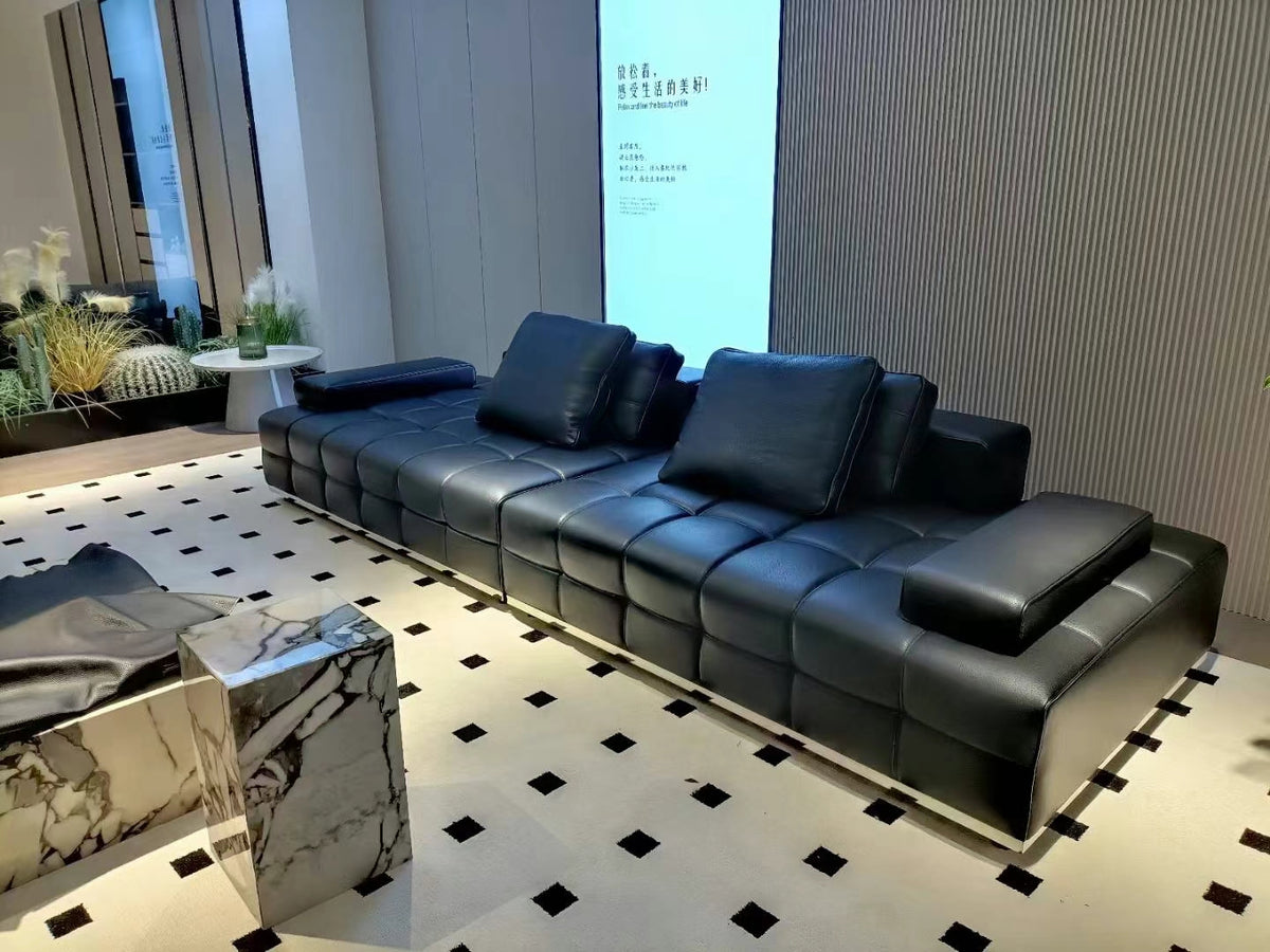 ANJU Premium Grid-Tufted Modular Sofa with Down Back Cushions, Faux or Top-Grain Leather, 252–420 cm