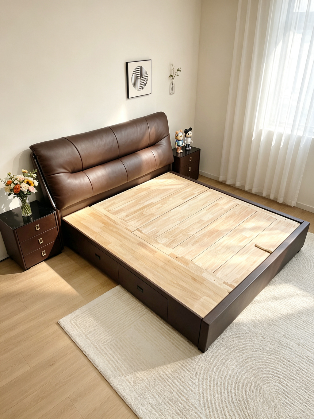 ANJU Wide Cushioned Headboard Storage Bed with Gas Lift Base and 2 Drawers, Queen or King