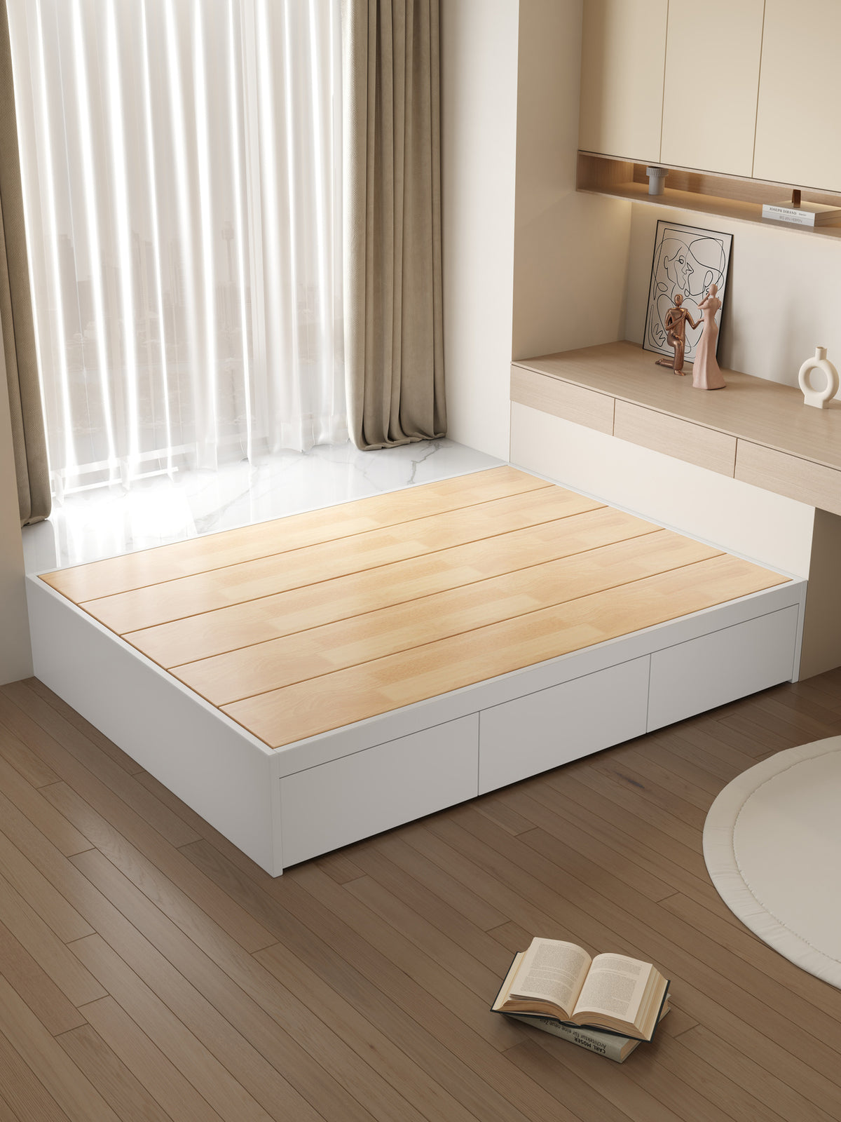 ANJU Wooden Storage Platform Bed with 3 Side Drawers and Gas Lift, Oak or Eucalyptus Edge, Super Single to King