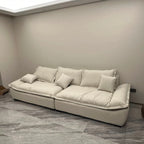 ANJU Low Pillow-Back Sofa with Flared Arms, Suede-Feel Fabric, Faux or Top-Grain Leather, 120–400 cm