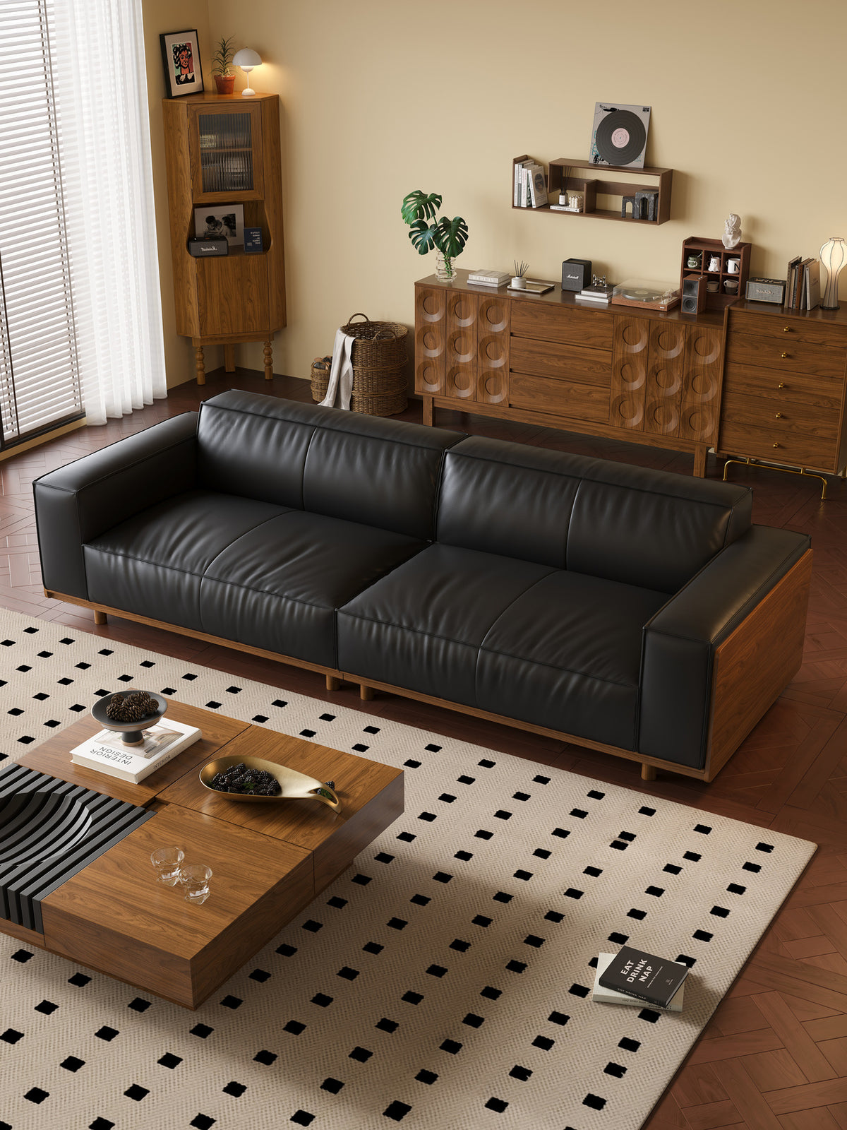 ANJU Boxy Faux Leather Sofa with Walnut Arm Panels, 280 cm