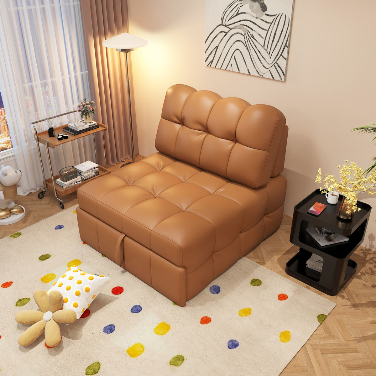 ANJU Armless Pull Out Sofa Bed with Square-Tufted Seat, Single or 2-Seater, 80–190 cm