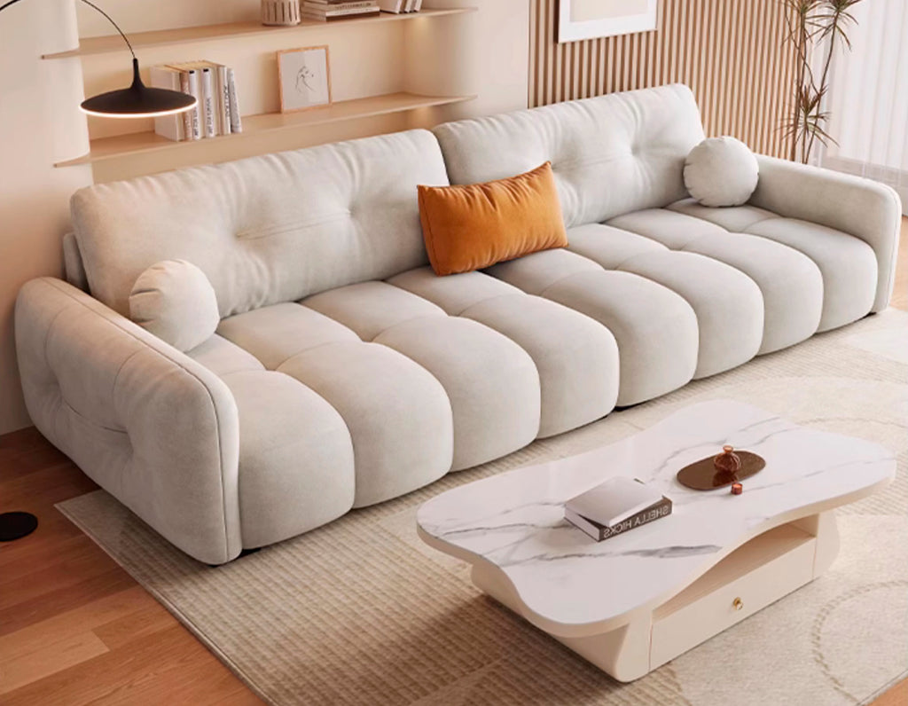 ANJU Channel-Tufted Suede-Feel Fabric Sofa with Pillow Back, 140–360 cm
