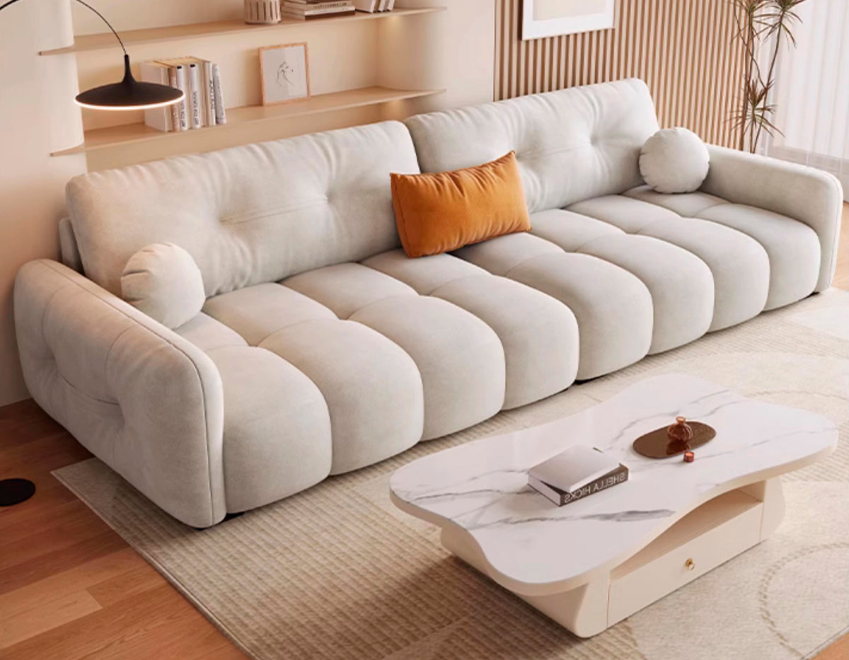ANJU Channel-Tufted Suede-Feel Fabric Sofa with Pillow Back, 140–360 cm