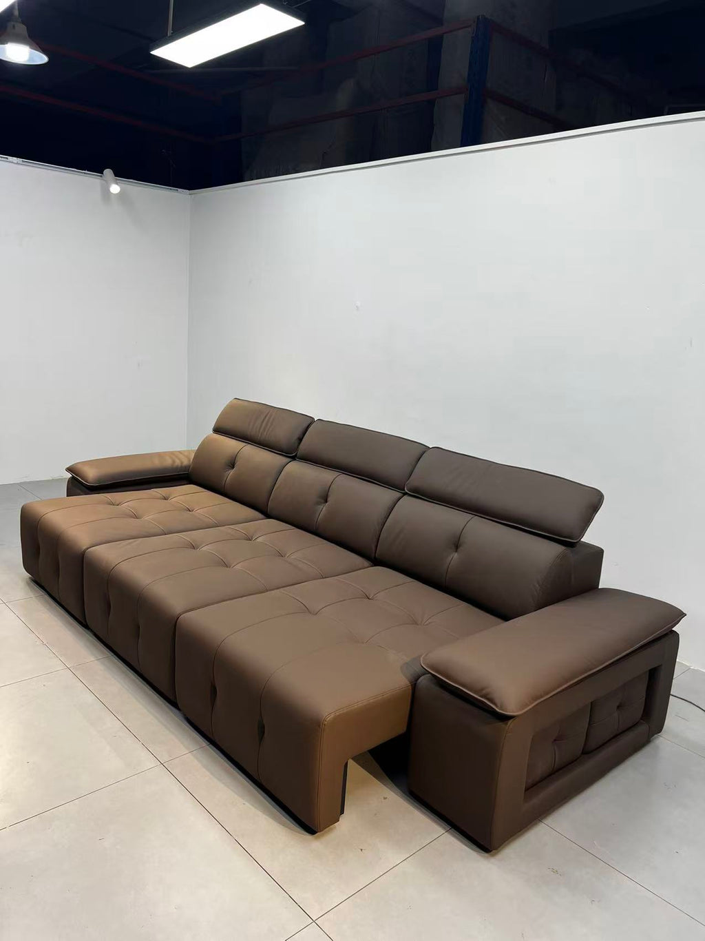 ANJU Electric Sliding-Seat Sofa with Adjustable Headrests and Console Arm, Faux or Top-Grain Leather, 212–422 cm