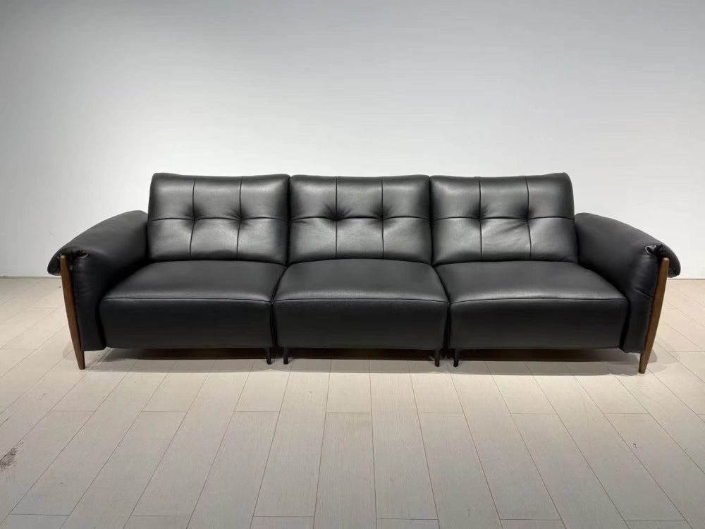 ANJU Button-Tufted Faux Leather Sofa with Exposed Wood Frame, 260–360 cm