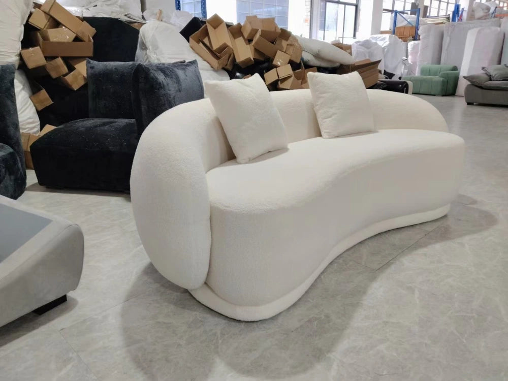 ANJU Curved Kidney Sofa in Boucle-Look Lamb Fleece or Velvet, 95–320 cm