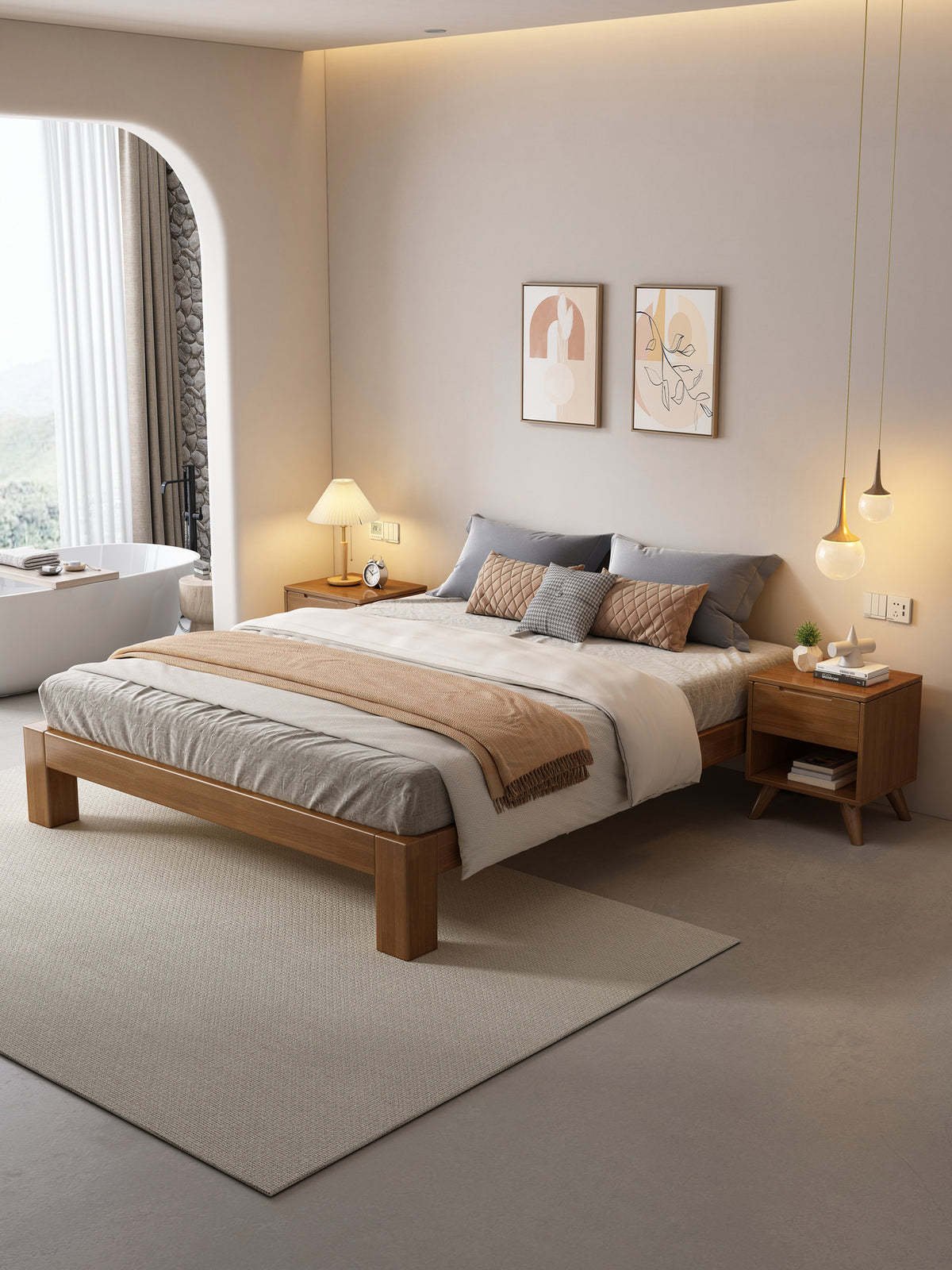 ANJU Chunky Leg Solid Oak Platform Bed, Low Japanese Bed Frame with Plank Deck, Super Single to King