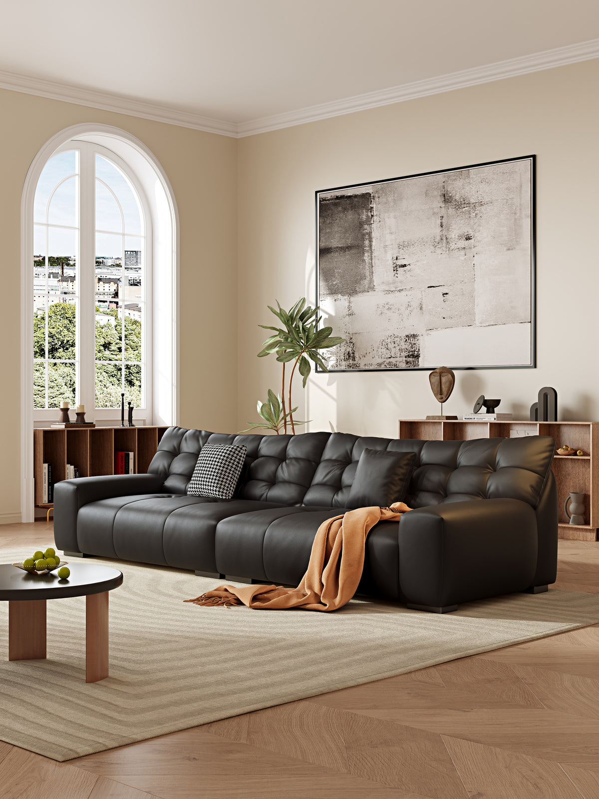 ANJU Biscuit-Tufted Plush Sofa, Faux or Top-Grain Leather, 130–400 cm