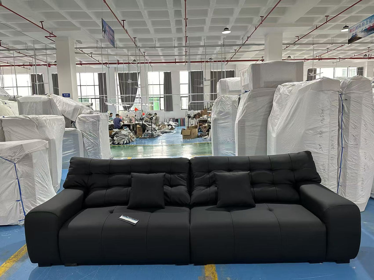 ANJU Biscuit-Tufted Plush Sofa, Faux or Top-Grain Leather, 130–400 cm