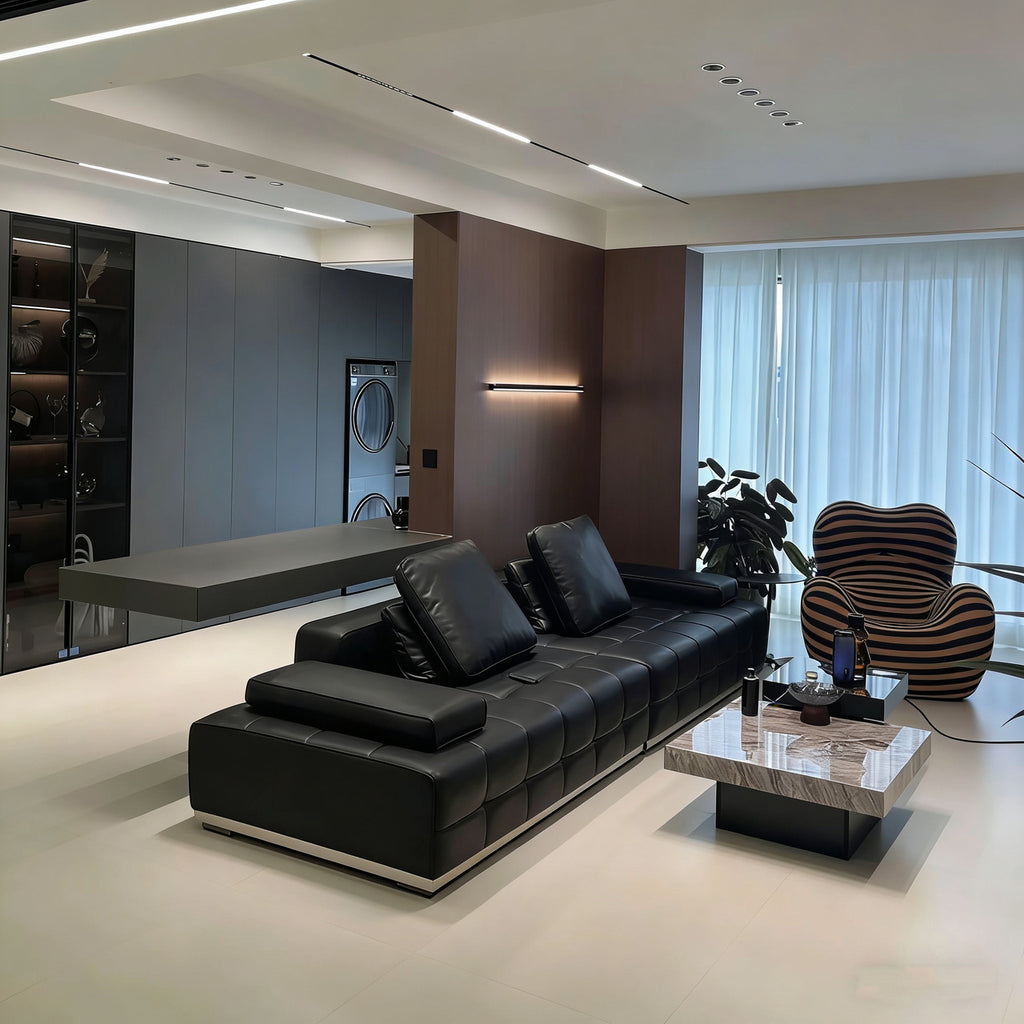 ANJU Premium Grid-Tufted Modular Sofa with Down Back Cushions, Faux or Top-Grain Leather, 252–420 cm