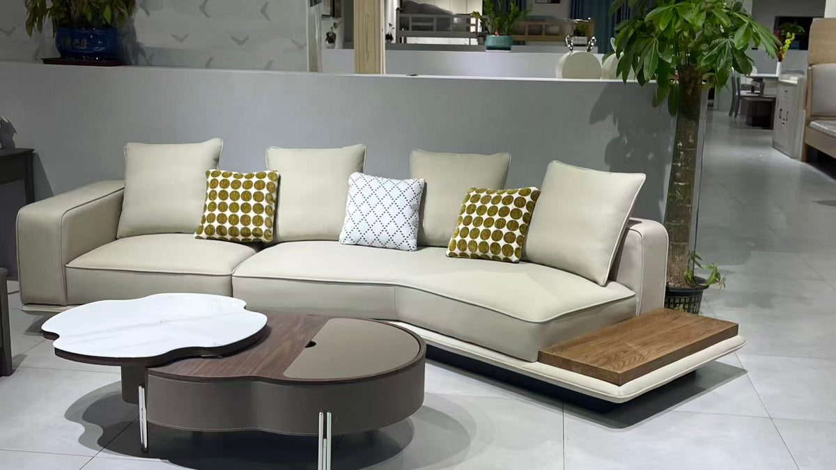 ANJU Curved Corner Faux Leather Sofa with Attached Side Table, 370 cm