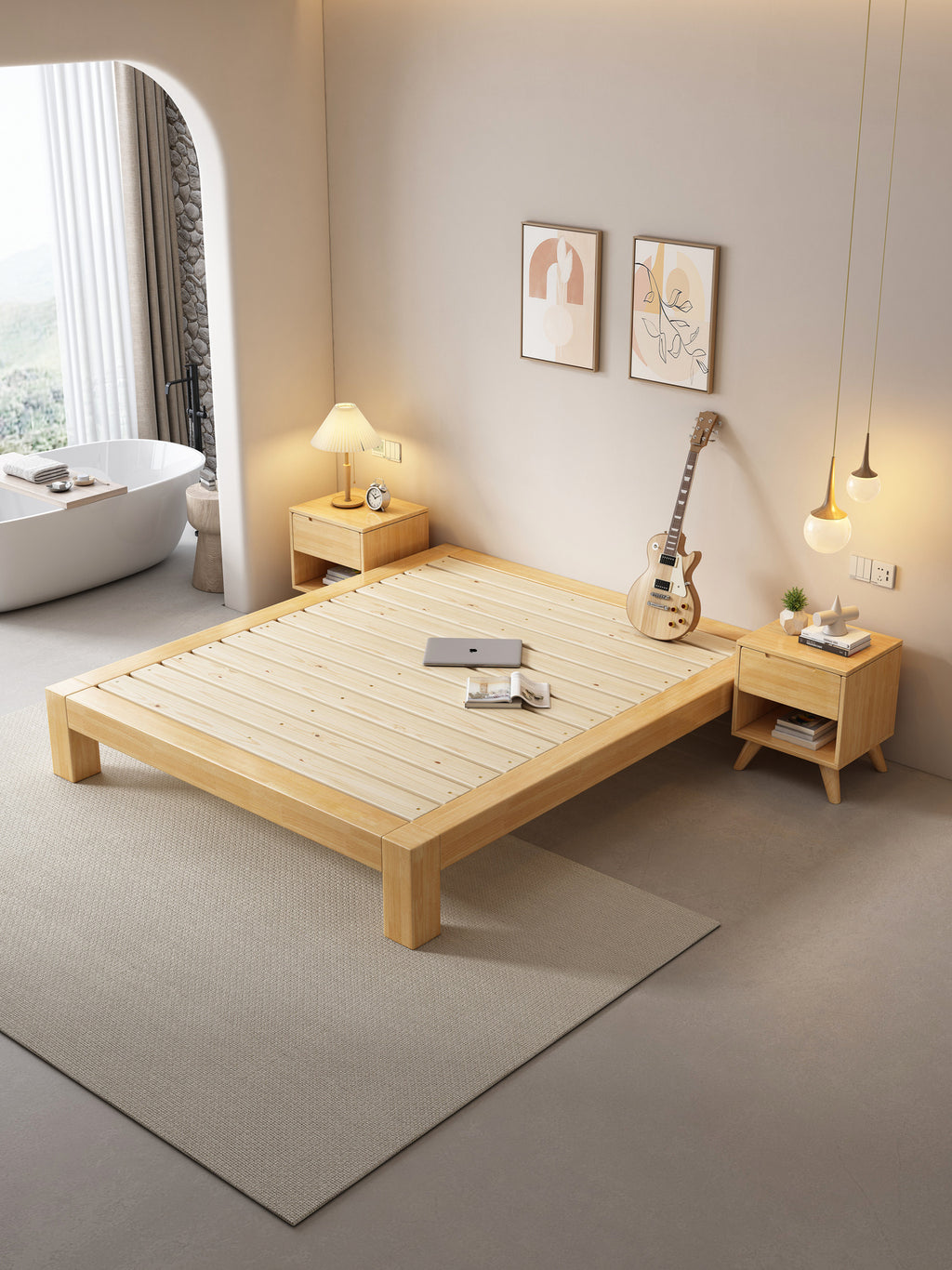 ANJU Chunky Leg Solid Oak Platform Bed, Low Japanese Bed Frame with Plank Deck, Super Single to King