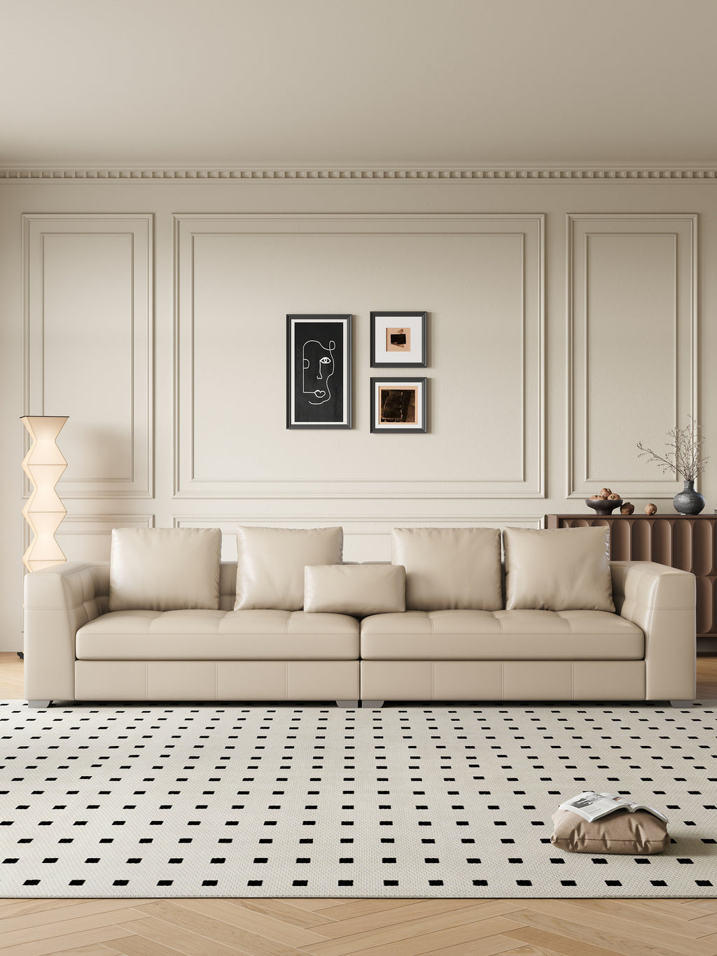 ANJU Boxy Square-Arm Sofa with Down-Blend Back Cushions, Faux or Top-Grain Leather, 250–350 cm