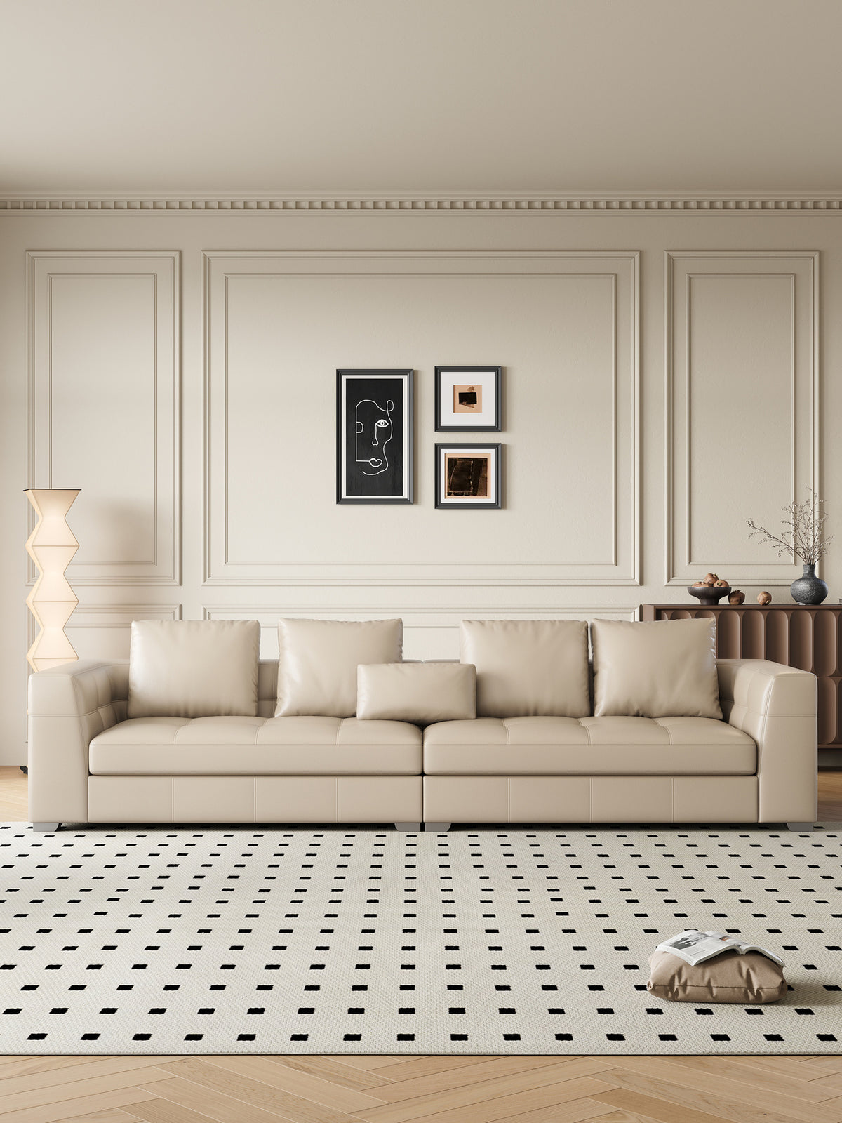 ANJU Boxy Square-Arm Sofa with Down-Blend Back Cushions, Faux or Top-Grain Leather, 250–350 cm