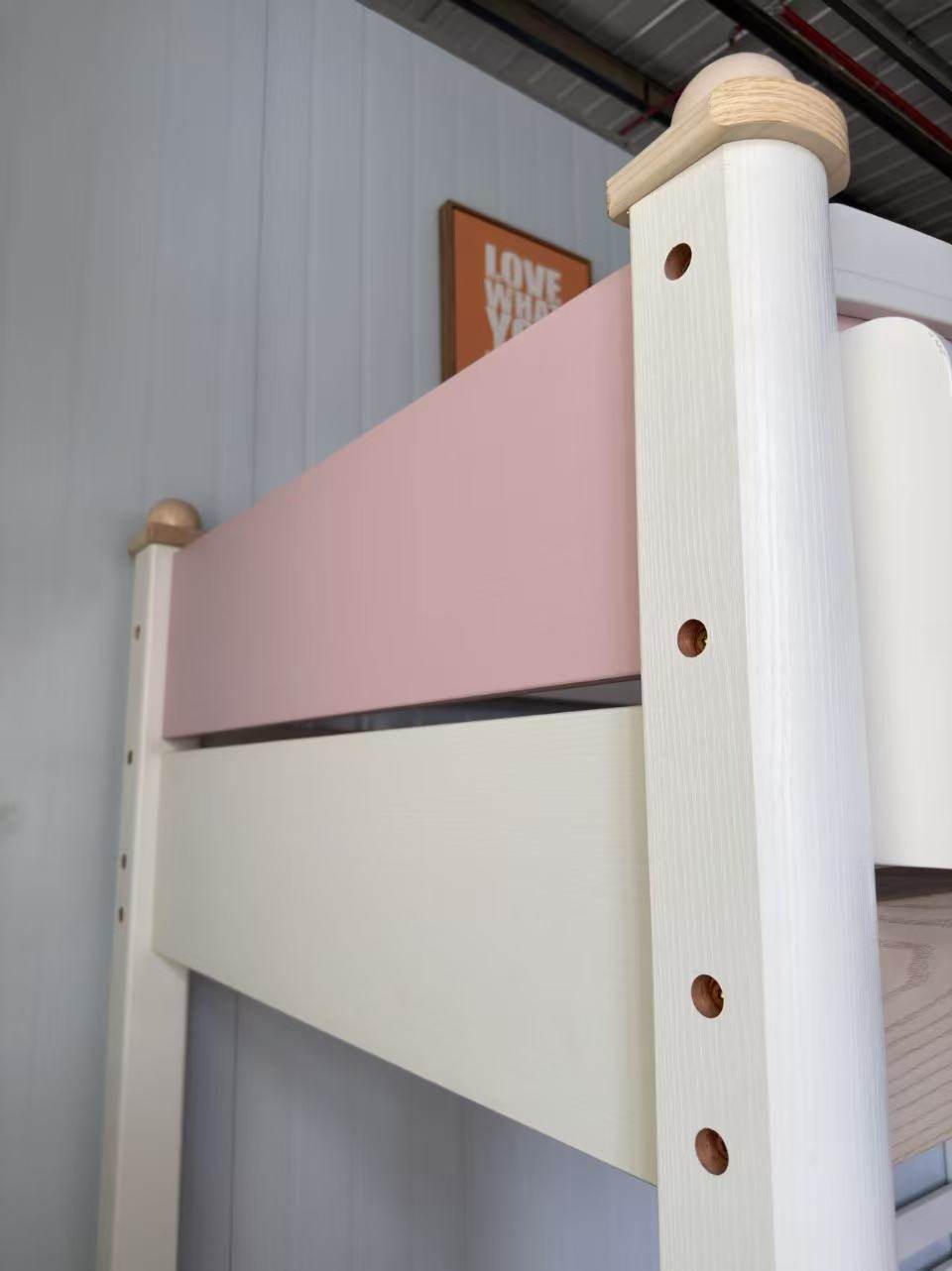 ANJU Pink and White Wooden Bunk Bed with Optional Storage Stairs