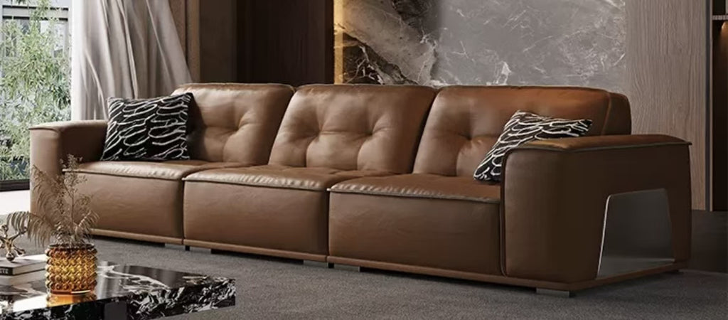 ANJU Glossy Button-Tufted Faux Leather Sofa with Chunky Arms and Metal Feet, 290–350 cm