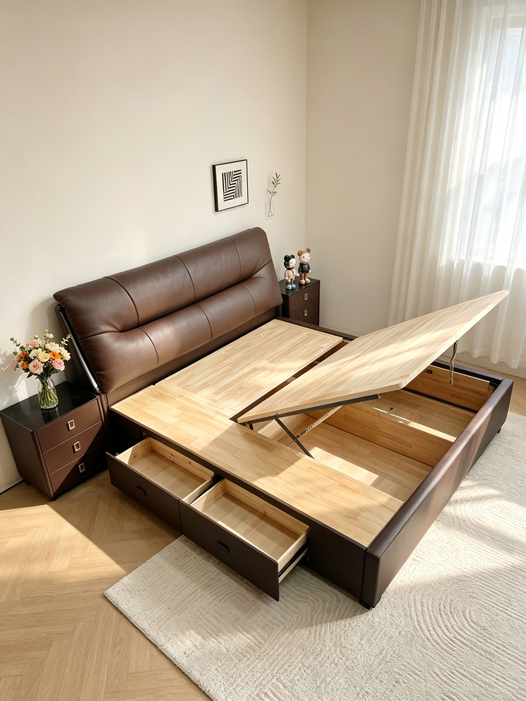 ANJU Wide Cushioned Headboard Storage Bed with Gas Lift Base and 2 Drawers, Queen or King